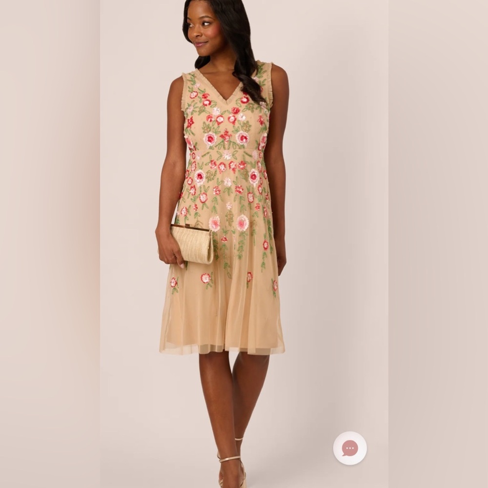 Adrianna Papell Beige Tulle Midi Dress with Pink Floral Embroidery